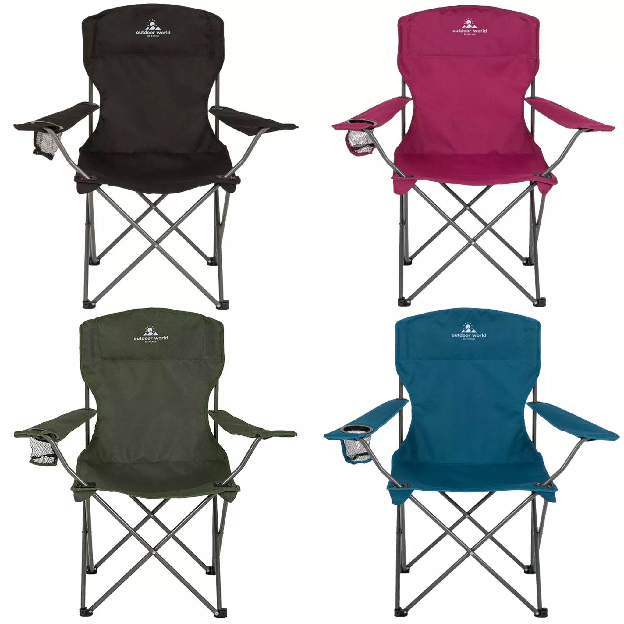 Outdoor World Folding Camping Chair with Cup Holder High Back Waterproof Fabric Durable Steel Legs and Carry Bag